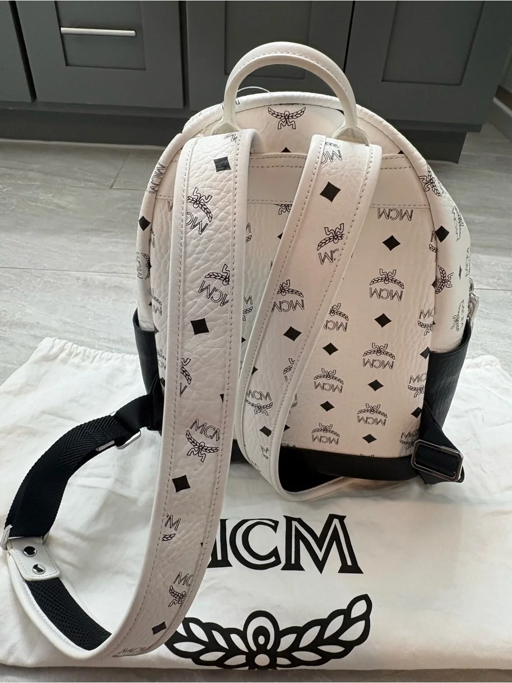MCM White, Cognac & Black Visetos Logo Backpack